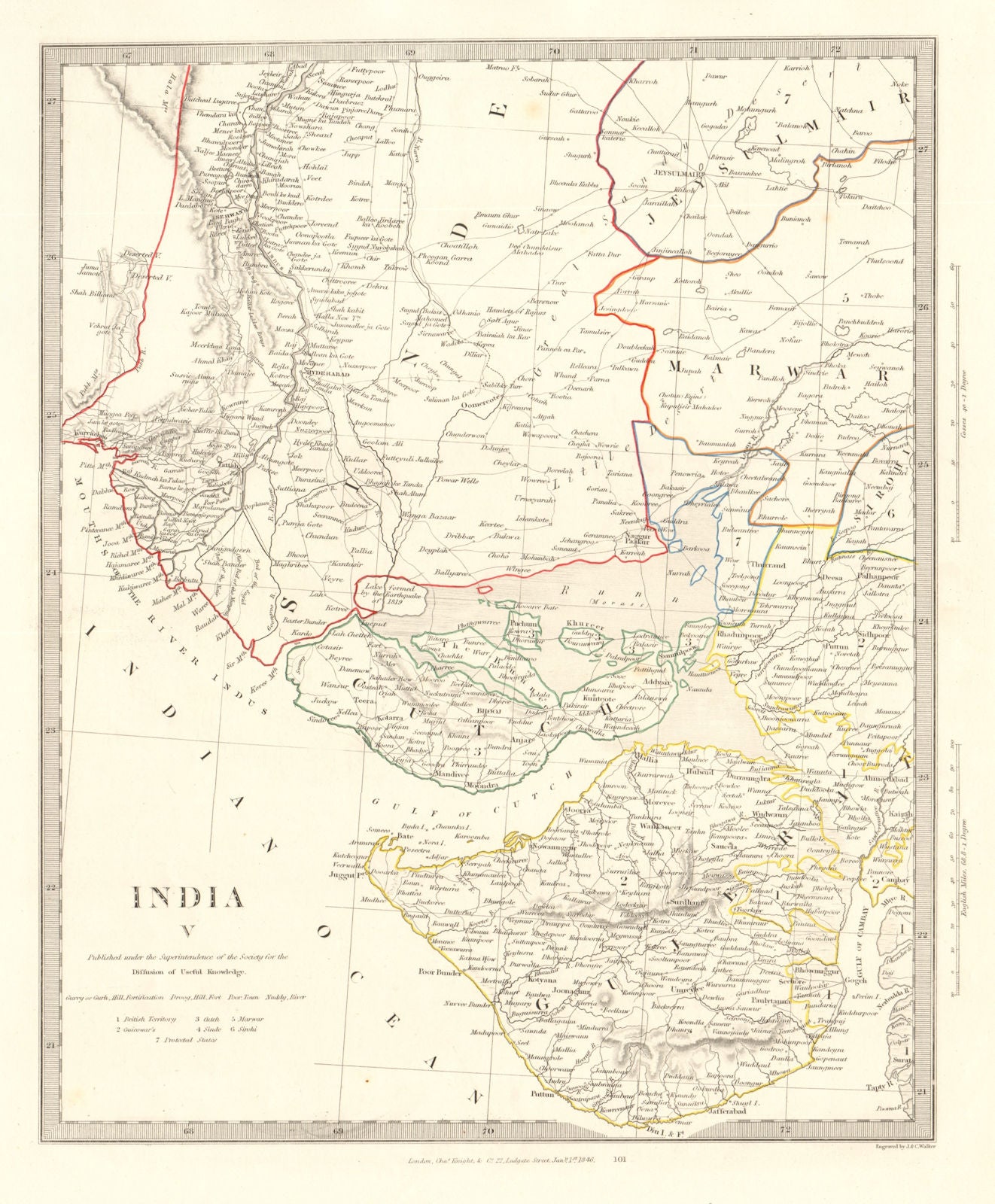 INDIA V.  Sinde-Gujerat. Marwar Cutch Jaisalmer. SDUK 1846 old antique map